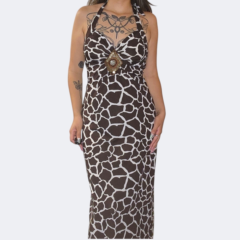 Y2k Halter Giraffe Print Maxi Dress!